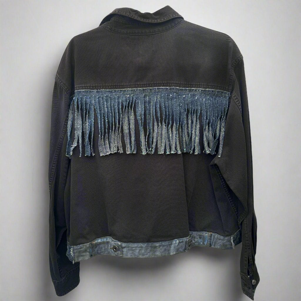 black denim jacket with fringe back