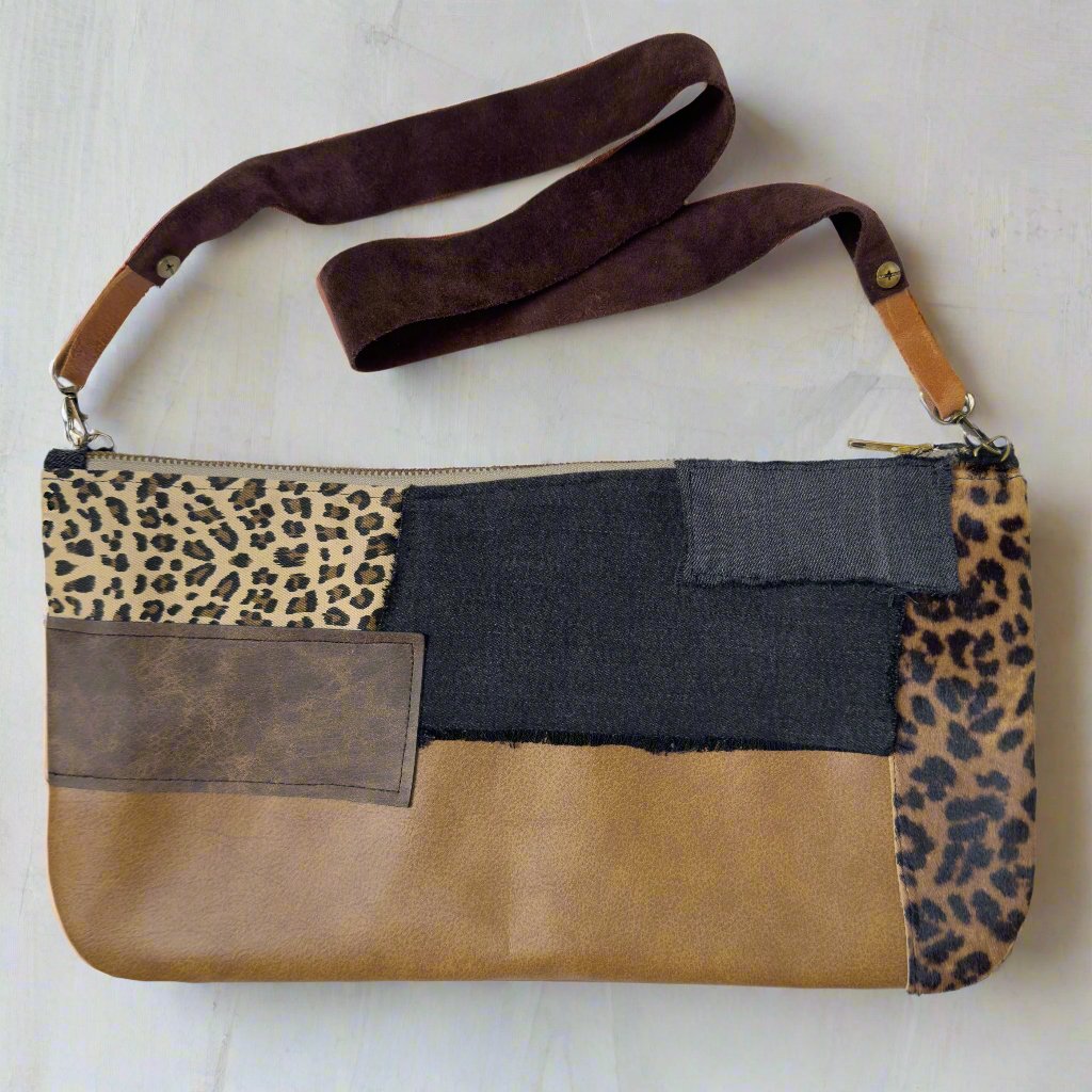 Denim Patchwork + Genuine Leather Handmade Clutch Bag