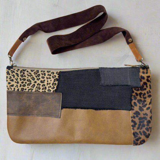 Denim Patchwork + Genuine Leather Handmade Clutch Bag