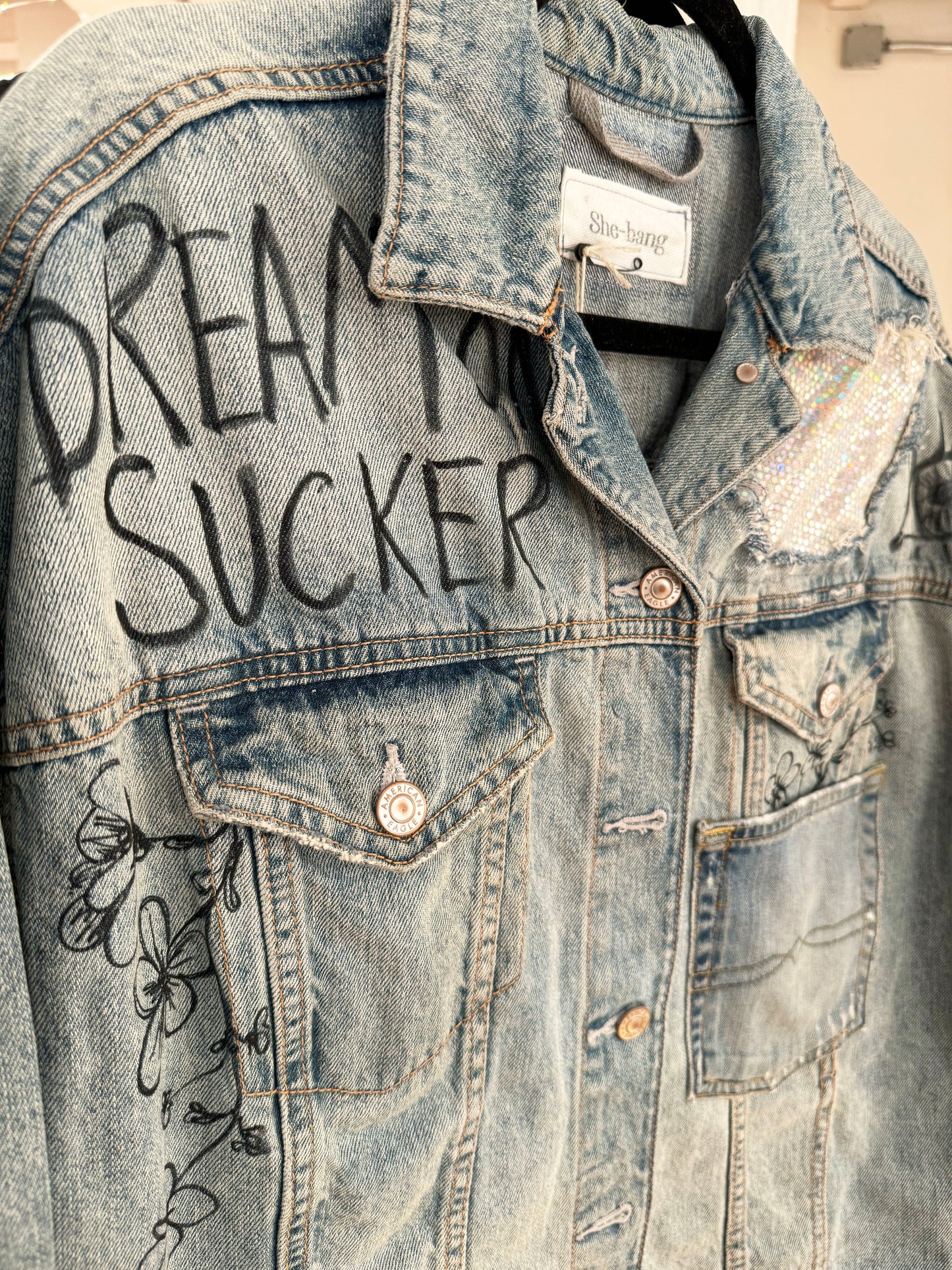 Unique one of a kind clothing from recycled denim by She-bang Shop, Hand painted