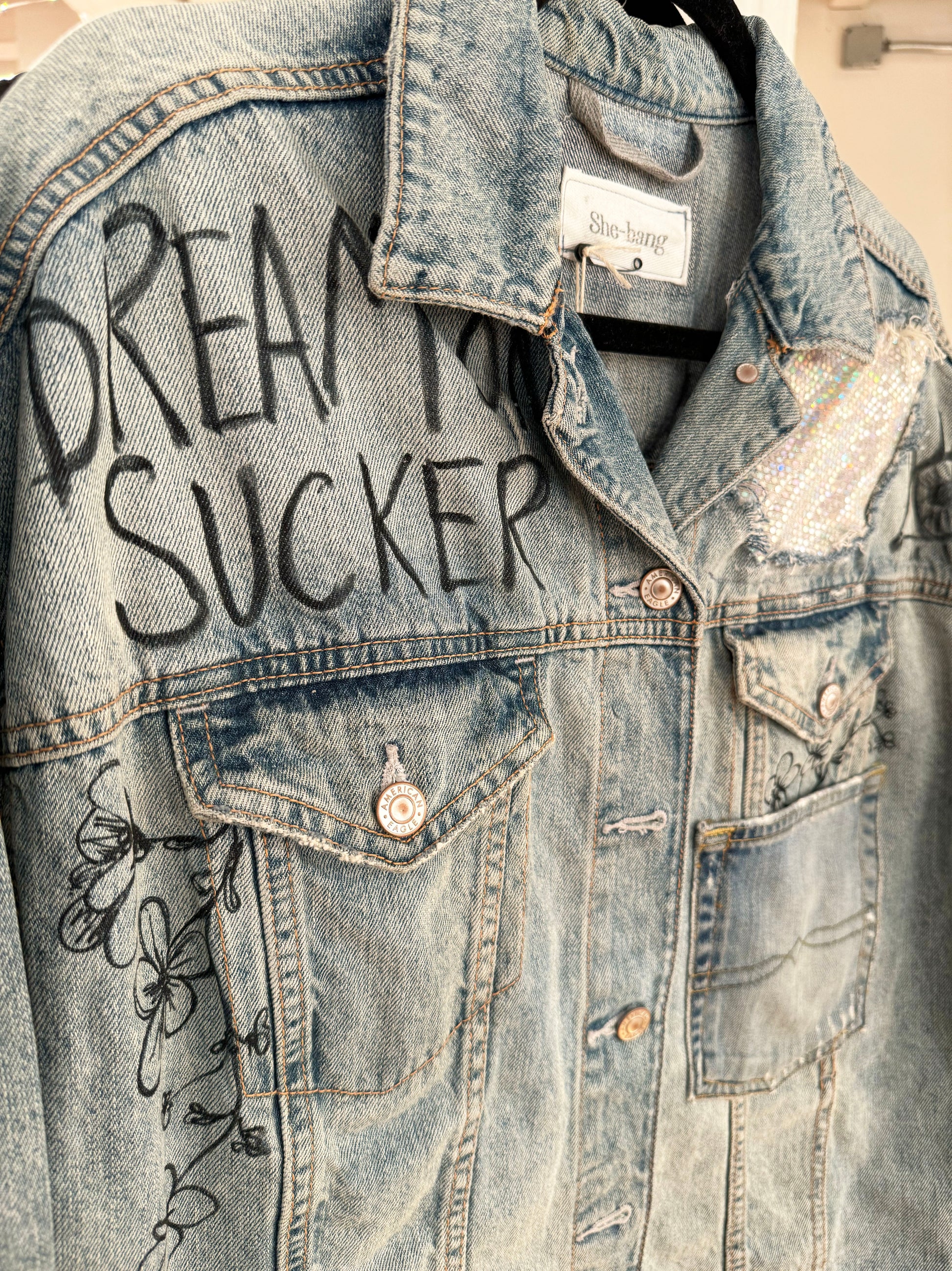 Unique one of a kind clothing from recycled denim by She-bang Shop, Hand painted