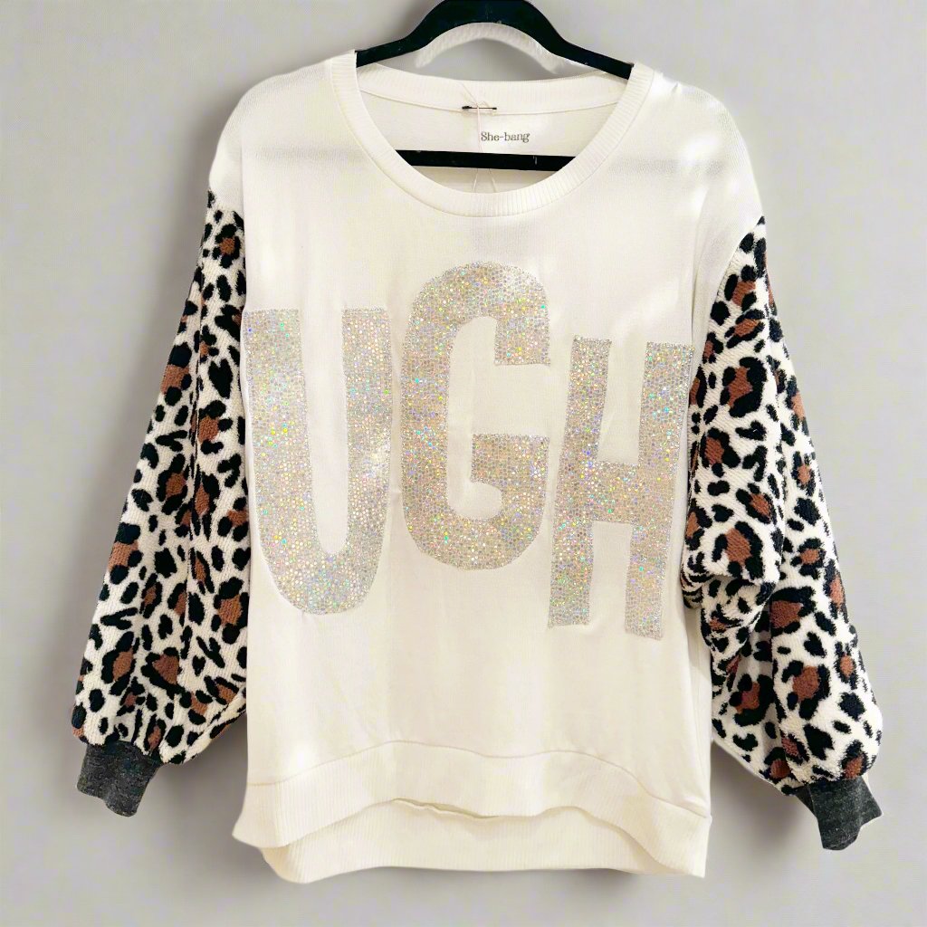 sequin sweater with plush leopard print sleecves