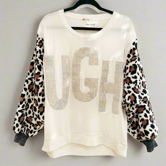 sequin sweater with plush leopard print sleecves