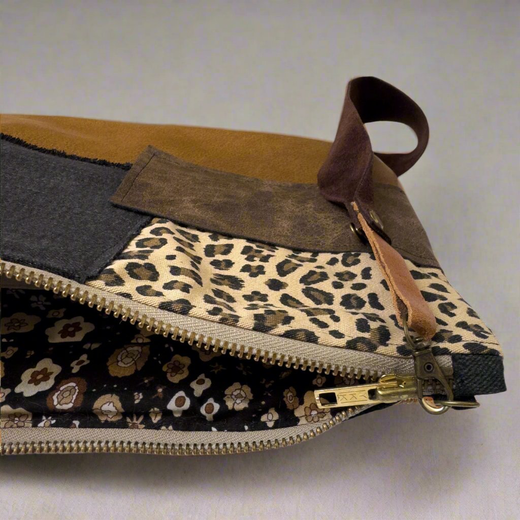 patchwork animal print leather and denim purse, clutch size with leather  strap, one of a kind and handmade