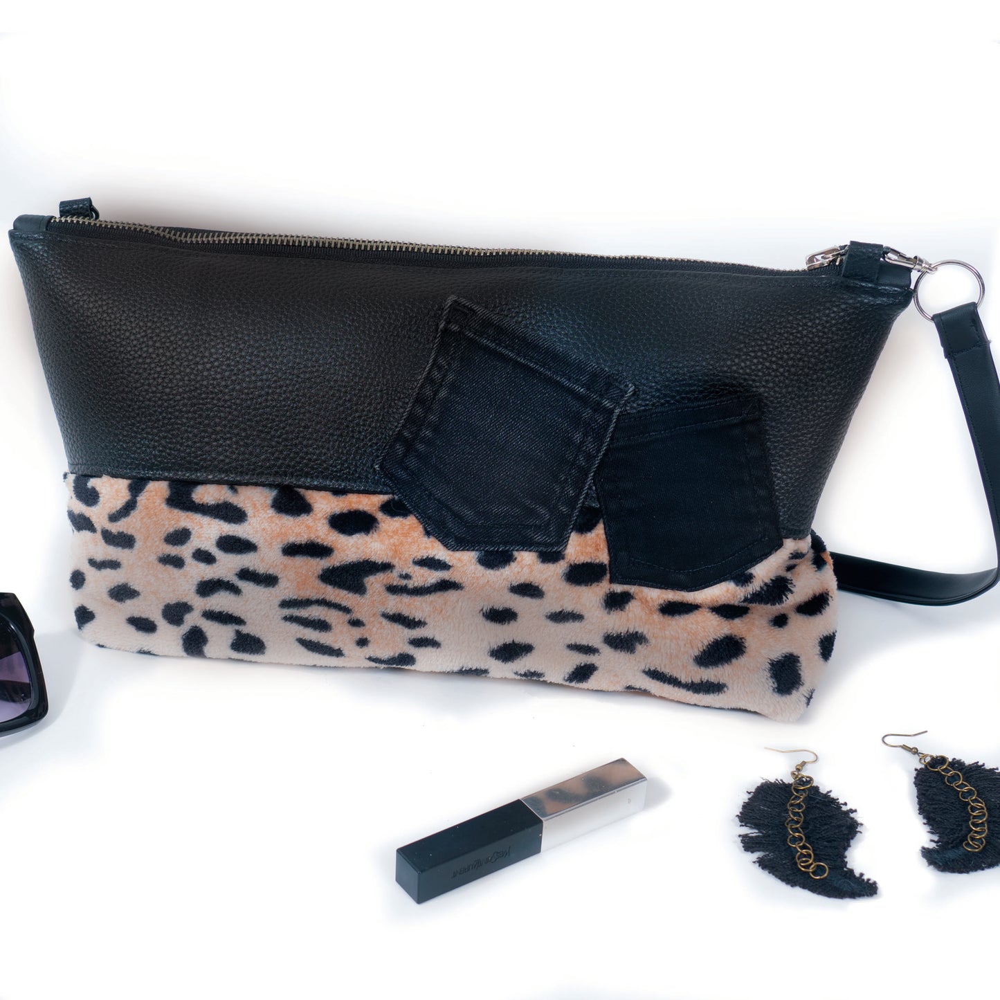 cheetah plush purse. upcycled handmade unique handbags, recycled denim bags, handmade genuine leather bags, completely one of a kind bags made by local brooklyn designers.