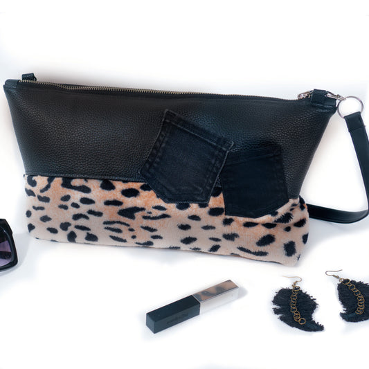 cheetah plush purse. upcycled handmade unique handbags, recycled denim bags, handmade genuine leather bags, completely one of a kind bags made by local brooklyn designers.