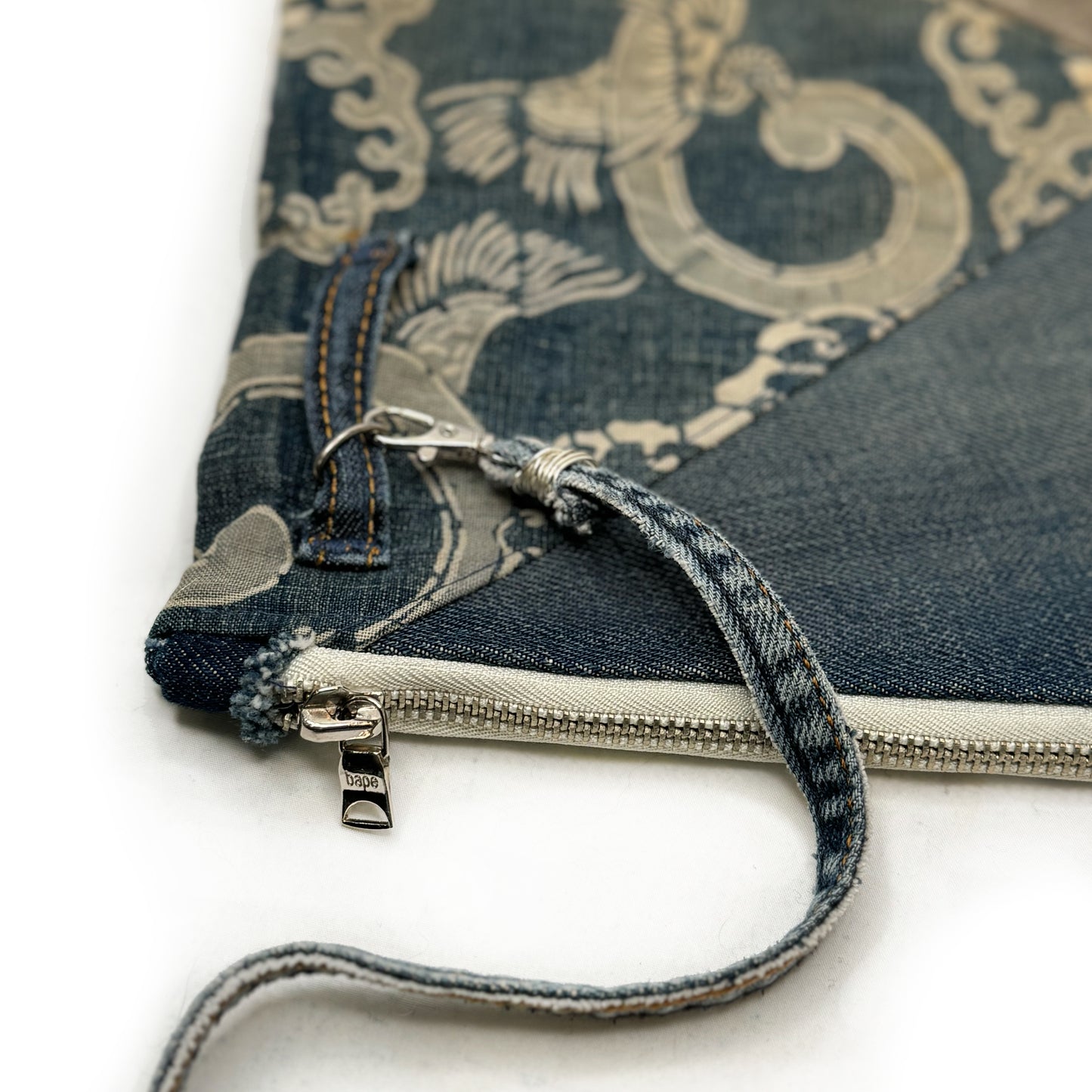 Shibori Denim and Leather Clutch
