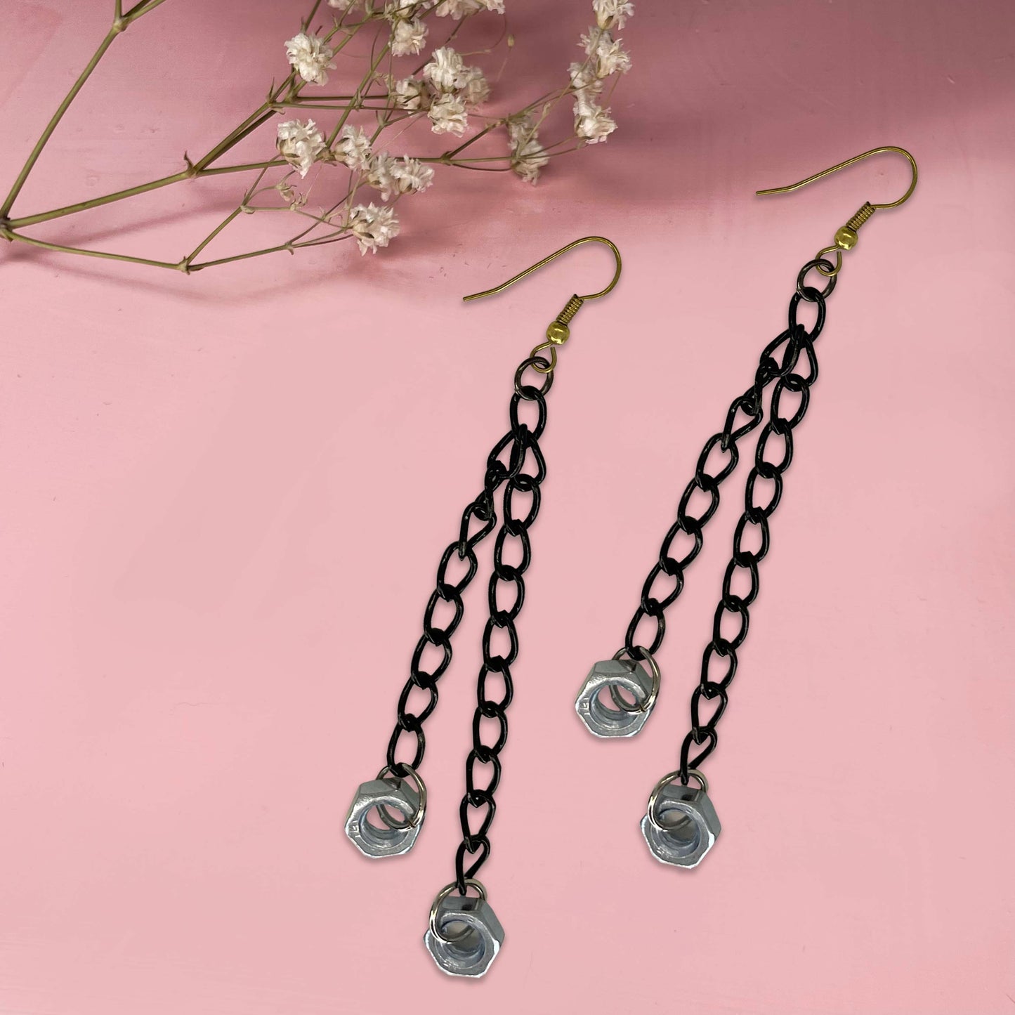 Edgy chain earrings, duster length. she-bang is upcycled handmade unique earrings, unique jewelry, made from recycled leather materials, completely sustainable one of a kind jewelry made by local brooklyn designers