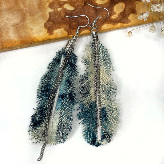 Boho Feather Earrings, tie dye, recycled denim