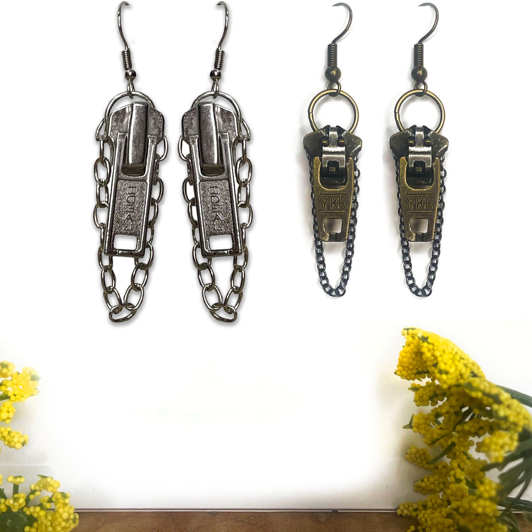 she-bang is upcycled handmade unique zipper earrings, unique jewelry, made from recycled materials and chains, completely one of a kind jewelry made by local brooklyn designers.