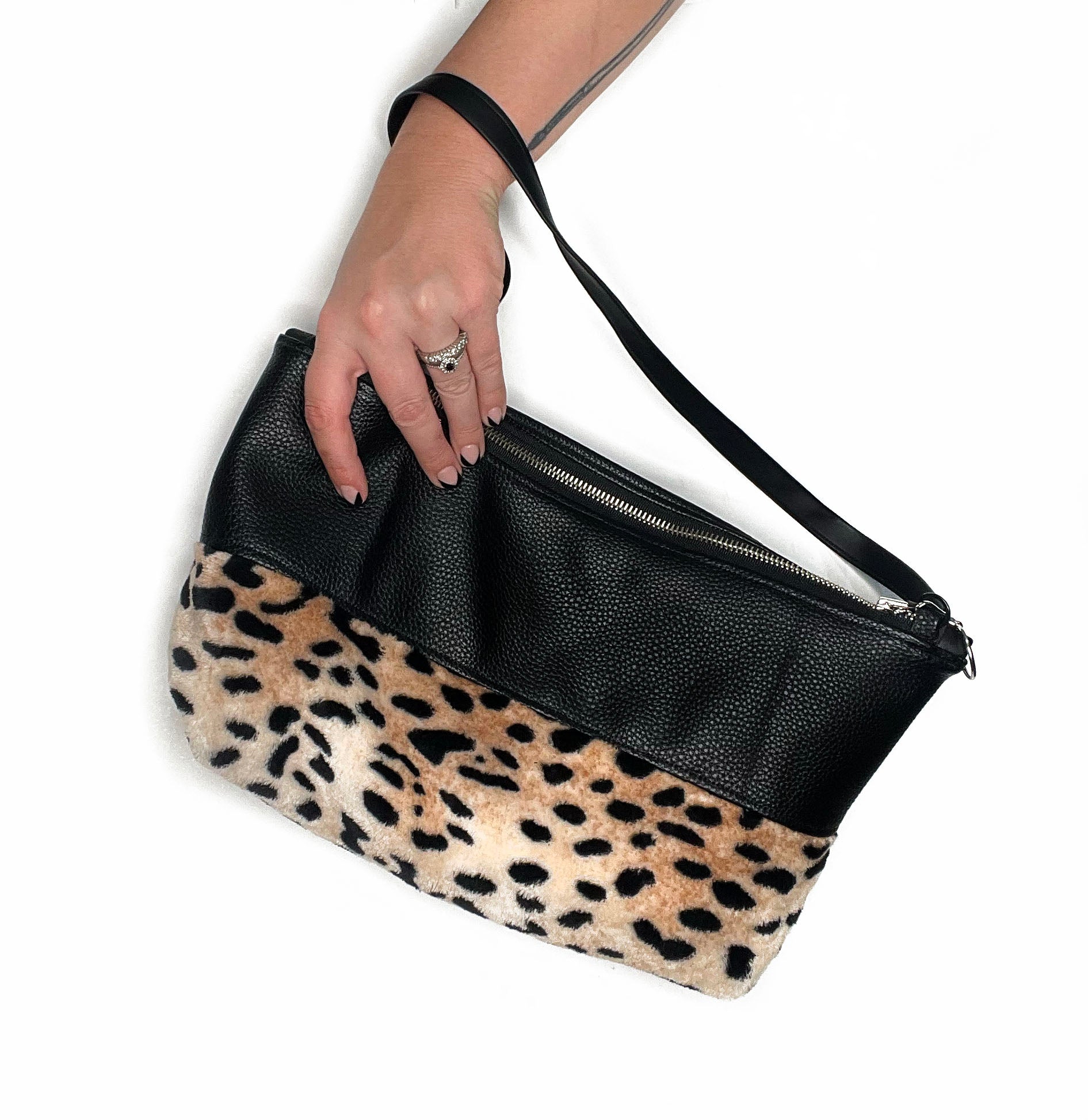 cheetah plush purse. upcycled handmade unique handbags, recycled denim bags, handmade genuine leather bags, completely one of a kind bags made by local brooklyn designers.