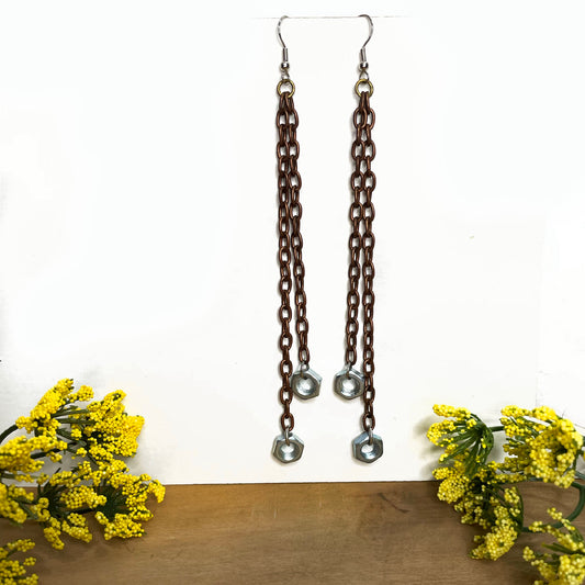 Edgy chain earrings, duster length.  she-bang is upcycled handmade unique earrings, unique jewelry, made from recycled leather materials, completely sustainable  one of a kind jewelry made by local brooklyn designers