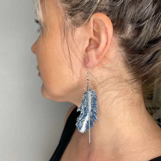 Boho Feather Earrings, tie dye, recycled denim