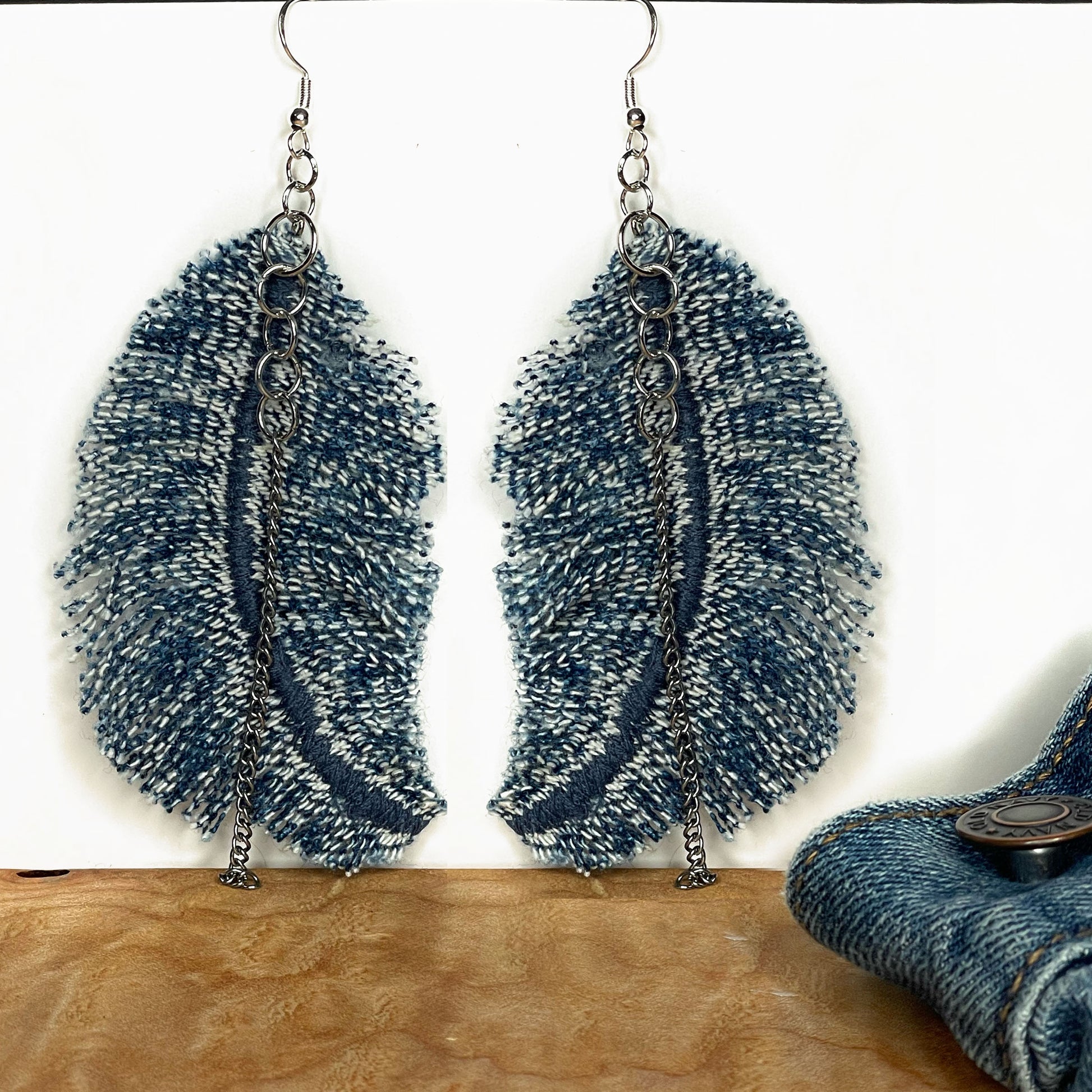 Denim Feather Earring, Boho style Jewelry from recycled denim. Handmade unique earrings from local brookln designers.