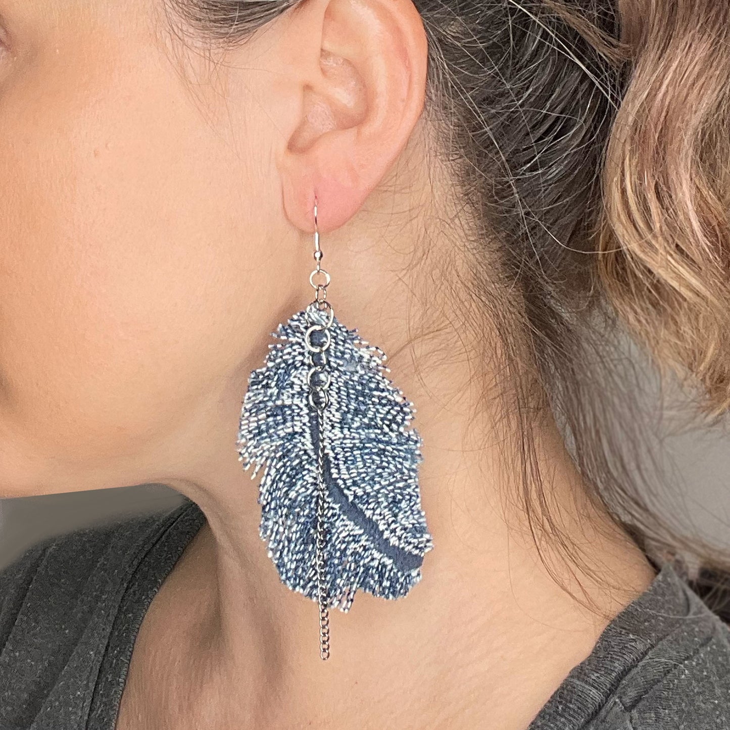 Denim Feather Earring, Boho style Jewelry from recycled denim. Handmade unique earrings from local brookln designers.