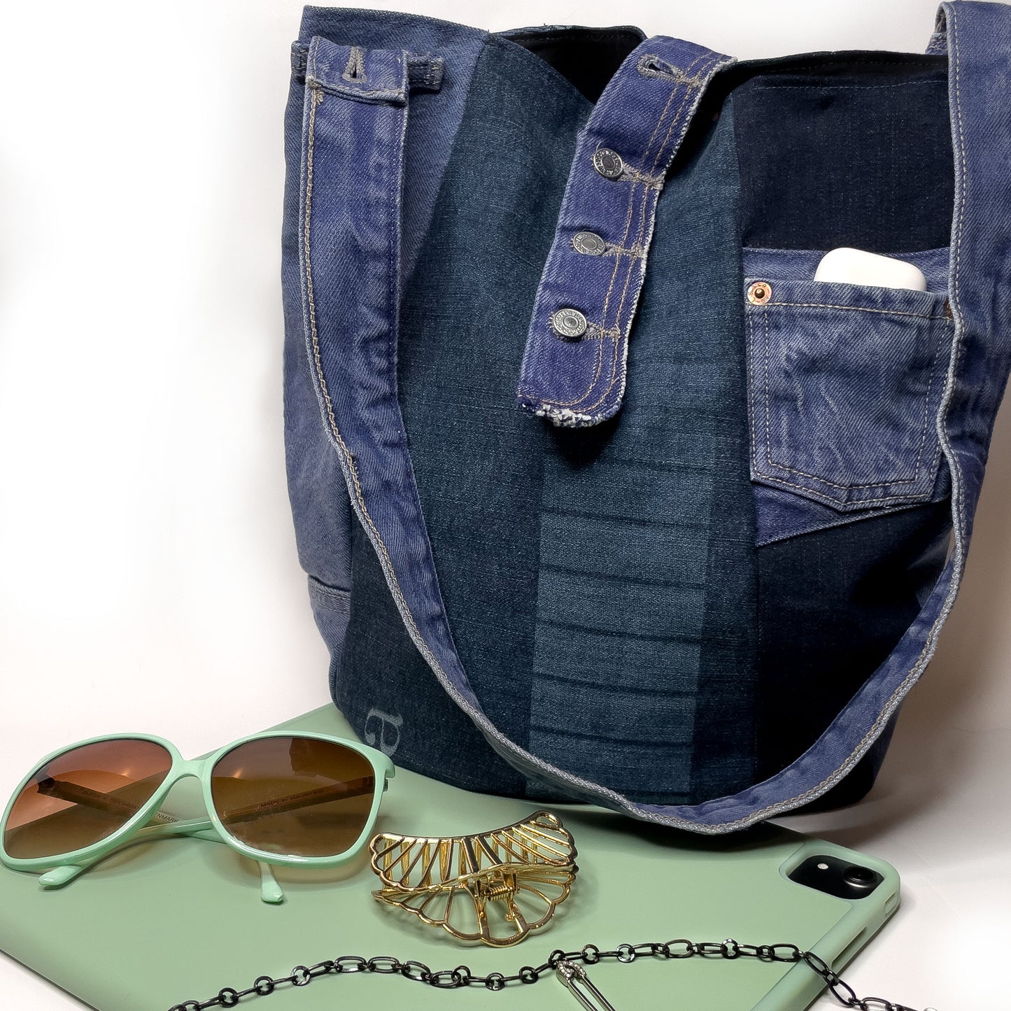 Recycled Denim Patchwork Tote Bag, Indigo Wash