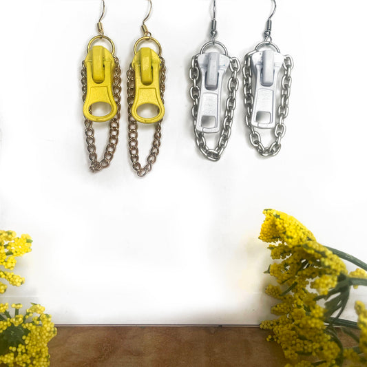 she-bang is upcycled handmade unique zipper earrings, unique jewelry, made from recycled materials and chains, completely one of a kind jewelry made by local brooklyn designers.