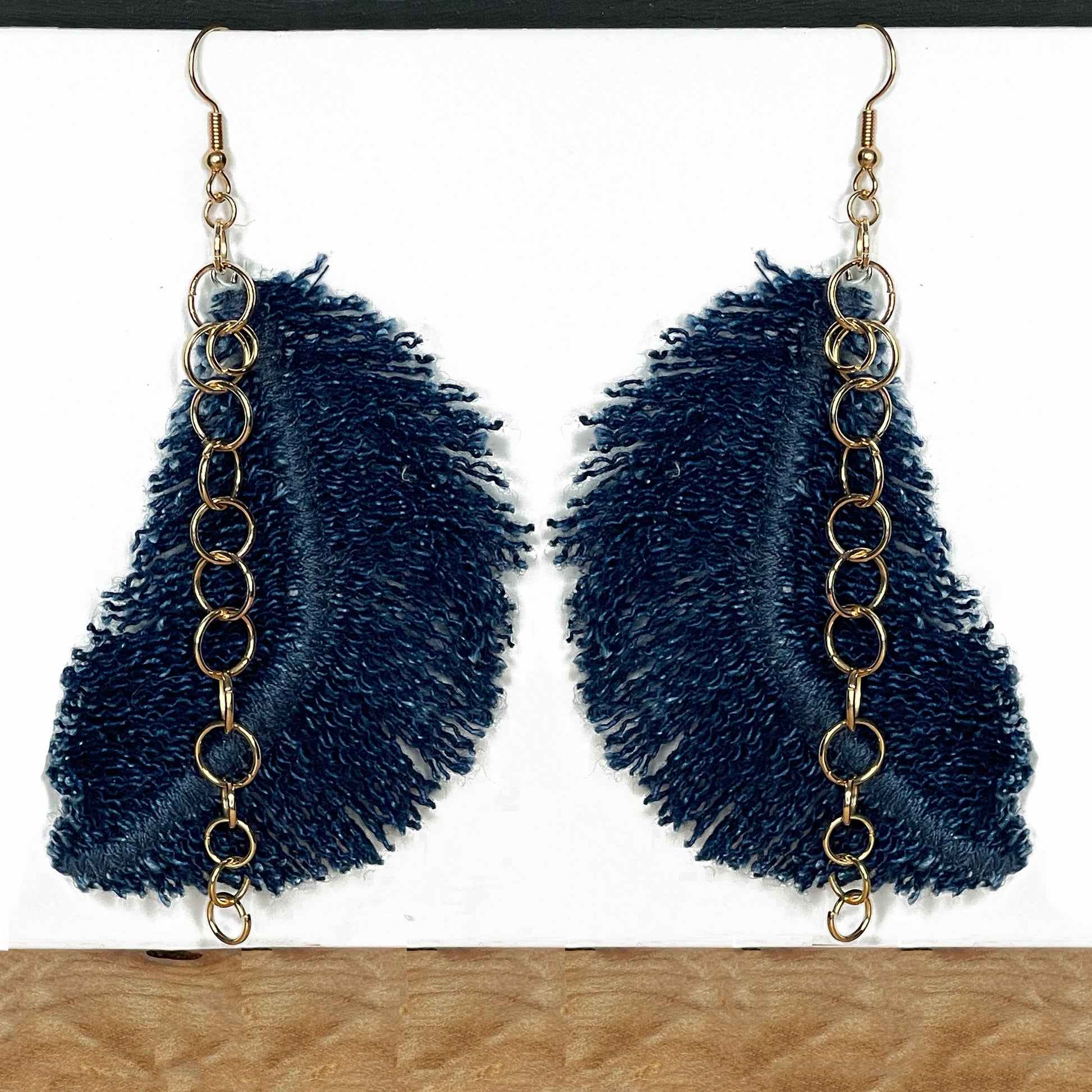 denim feather earrings, unique boho jewelry, made from recycled denim, completely one of a kind jewelry made by local brooklyn designer