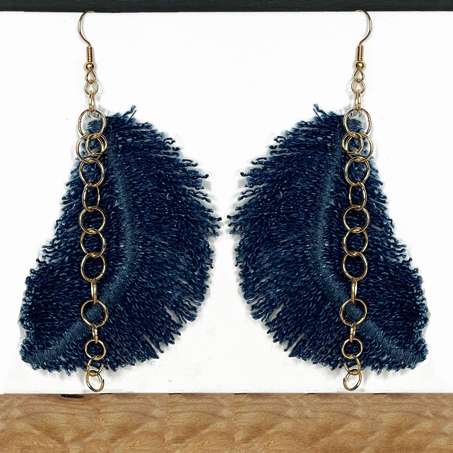 Boho Denim Feather Earring, Dark indigo + gold