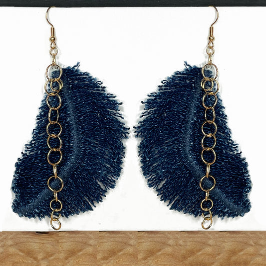 Boho Denim Feather Earring, Dark indigo + gold