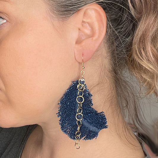 indigo wassh denim feather earrings, unique boho jewelry, made from recycled denim, completely one of a kind jewelry made by local brooklyn designer