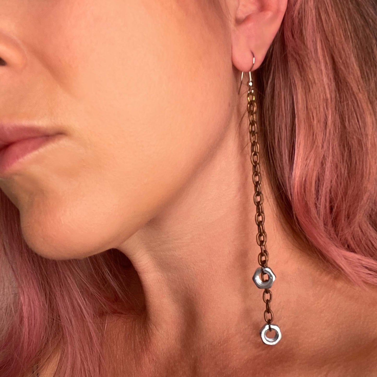 Edgy chain earrings, duster length. she-bang is upcycled handmade unique earrings, unique jewelry, made from recycled leather materials, completely sustainable one of a kind jewelry made by local brooklyn designers