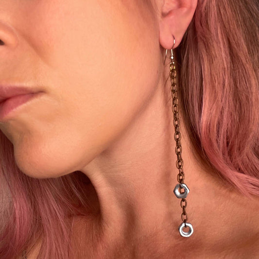 Edgy chain earrings, duster length. she-bang is upcycled handmade unique earrings, unique jewelry, made from recycled leather materials, completely sustainable one of a kind jewelry made by local brooklyn designers