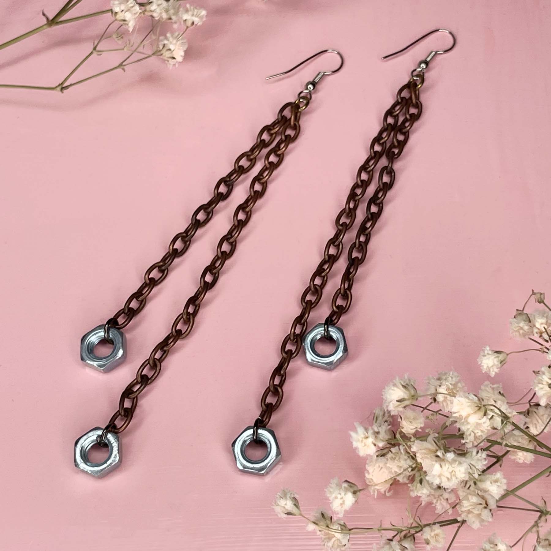 Edgy chain earrings, duster length. she-bang is upcycled handmade unique earrings, unique jewelry, made from recycled leather materials, completely sustainable one of a kind jewelry made by local brooklyn designers