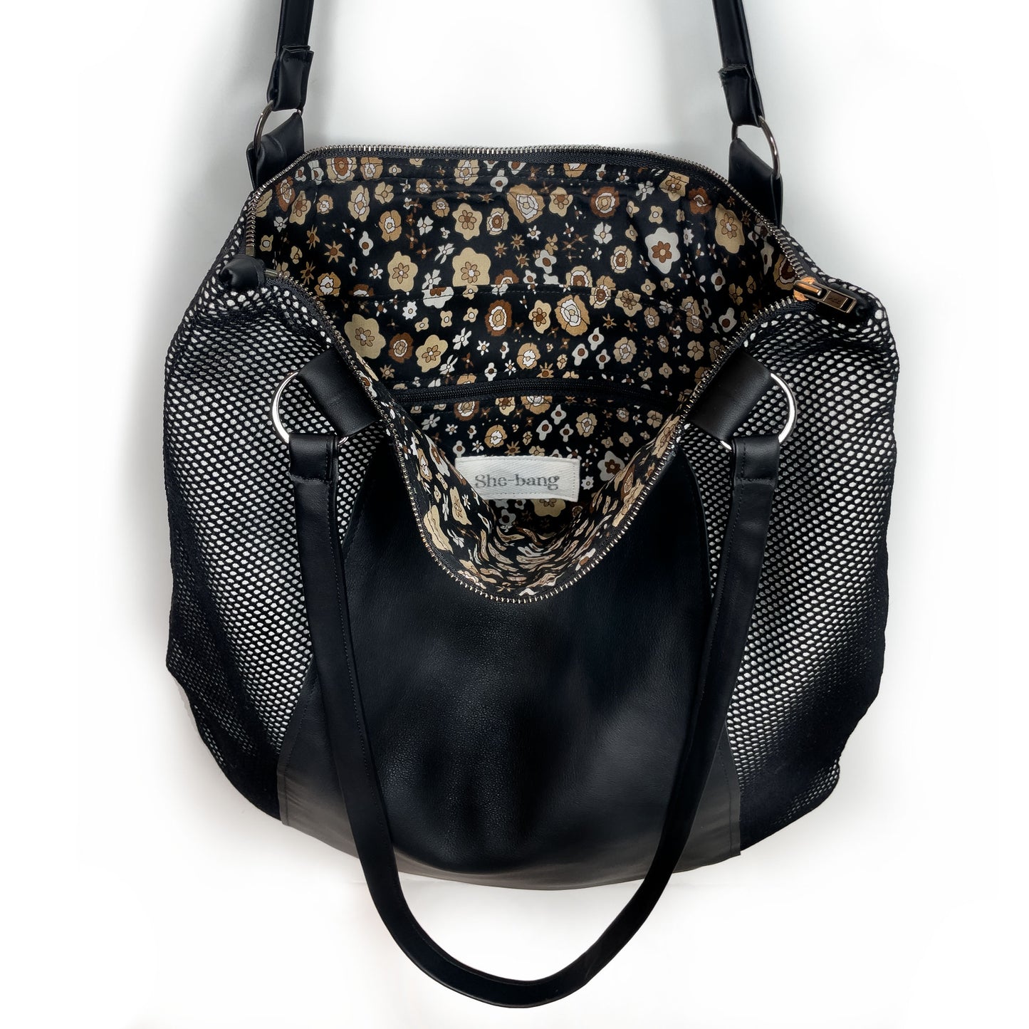 Edgy Leather bag,  black shoulder bag handmade with genuine leather  and mesh.  Unique designs handmade in Brooklyn, NY.