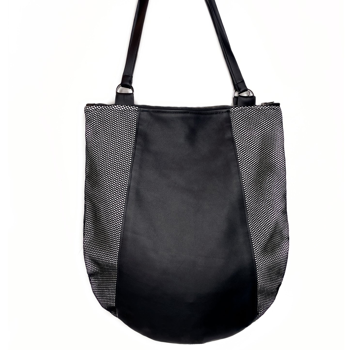 Edgy Leather bag,  black shoulder bag handmade with genuine leather  and mesh.  Unique designs handmade in Brooklyn, NY.