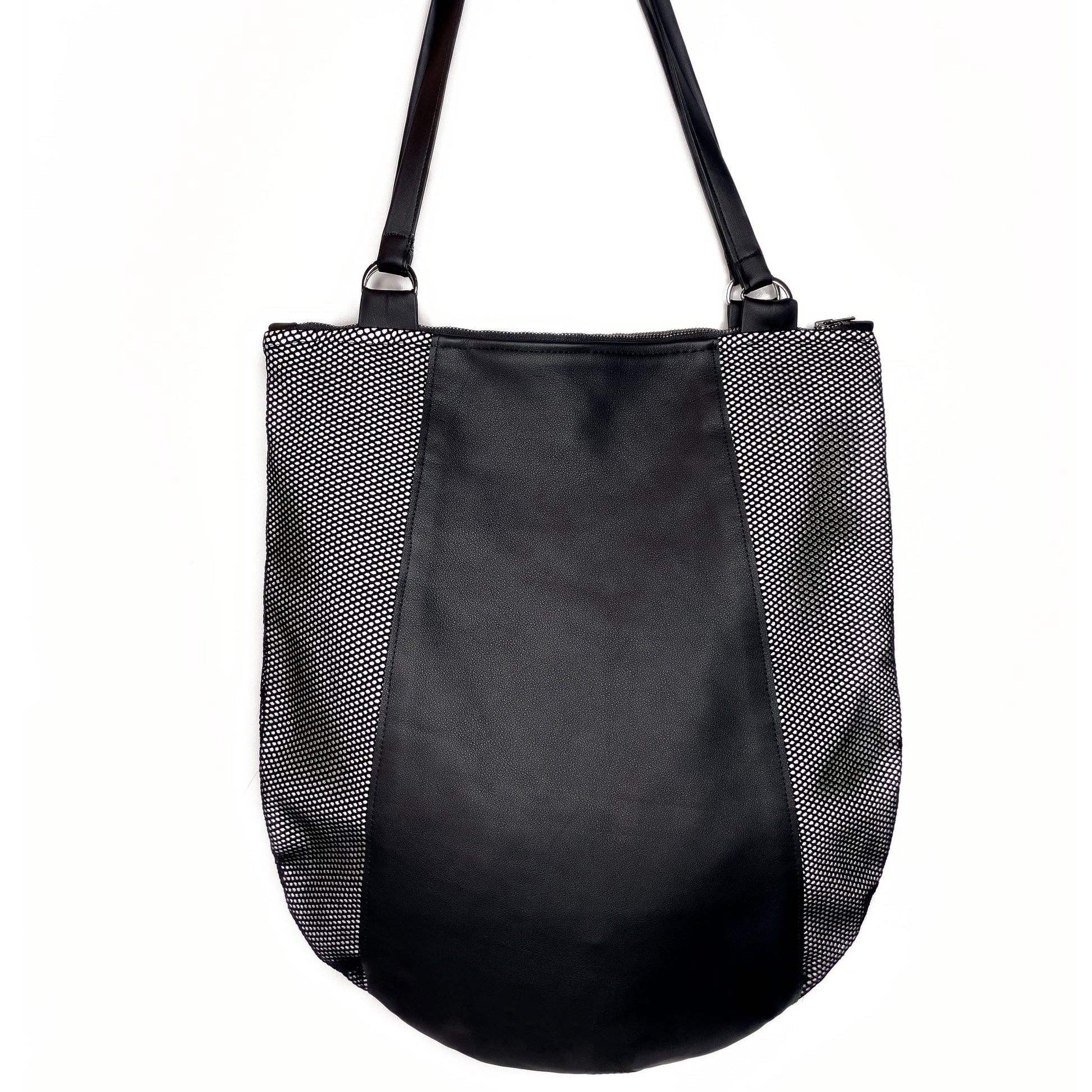 Edgy Leather bag,  black shoulder bag handmade with genuine leather  and mesh.  Unique designs handmade in Brooklyn, NY.