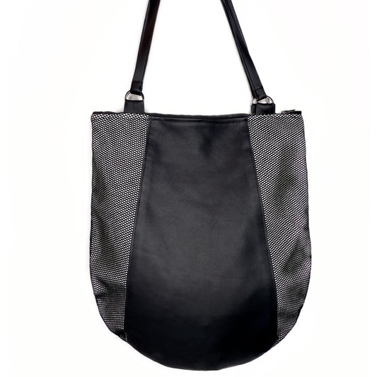 Edgy Leather bag,  black shoulder bag handmade with genuine leather  and mesh.  Unique designs handmade in Brooklyn, NY.