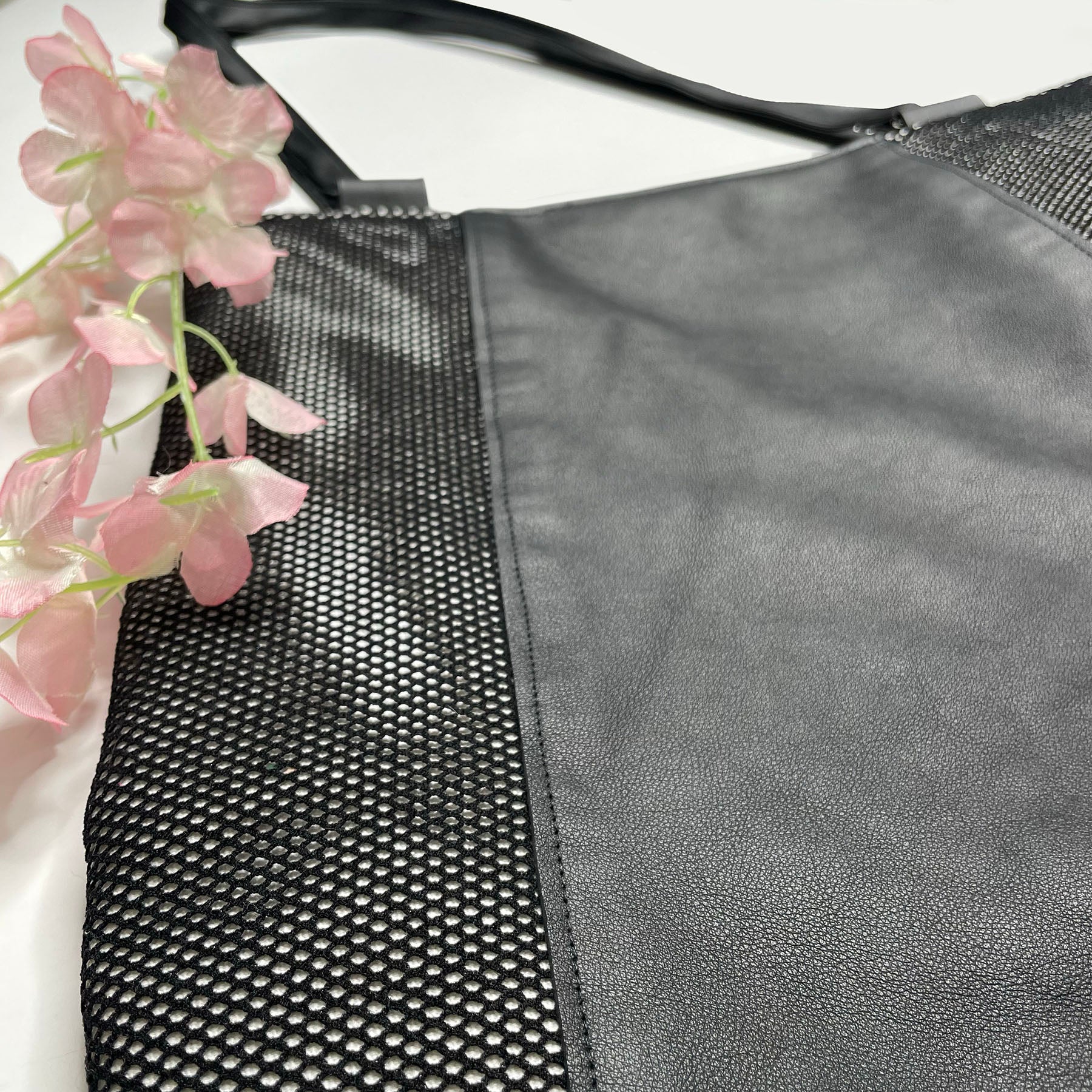 Edgy Leather bag,  black shoulder bag handmade with genuine leather  and mesh.  Unique designs handmade in Brooklyn, NY.