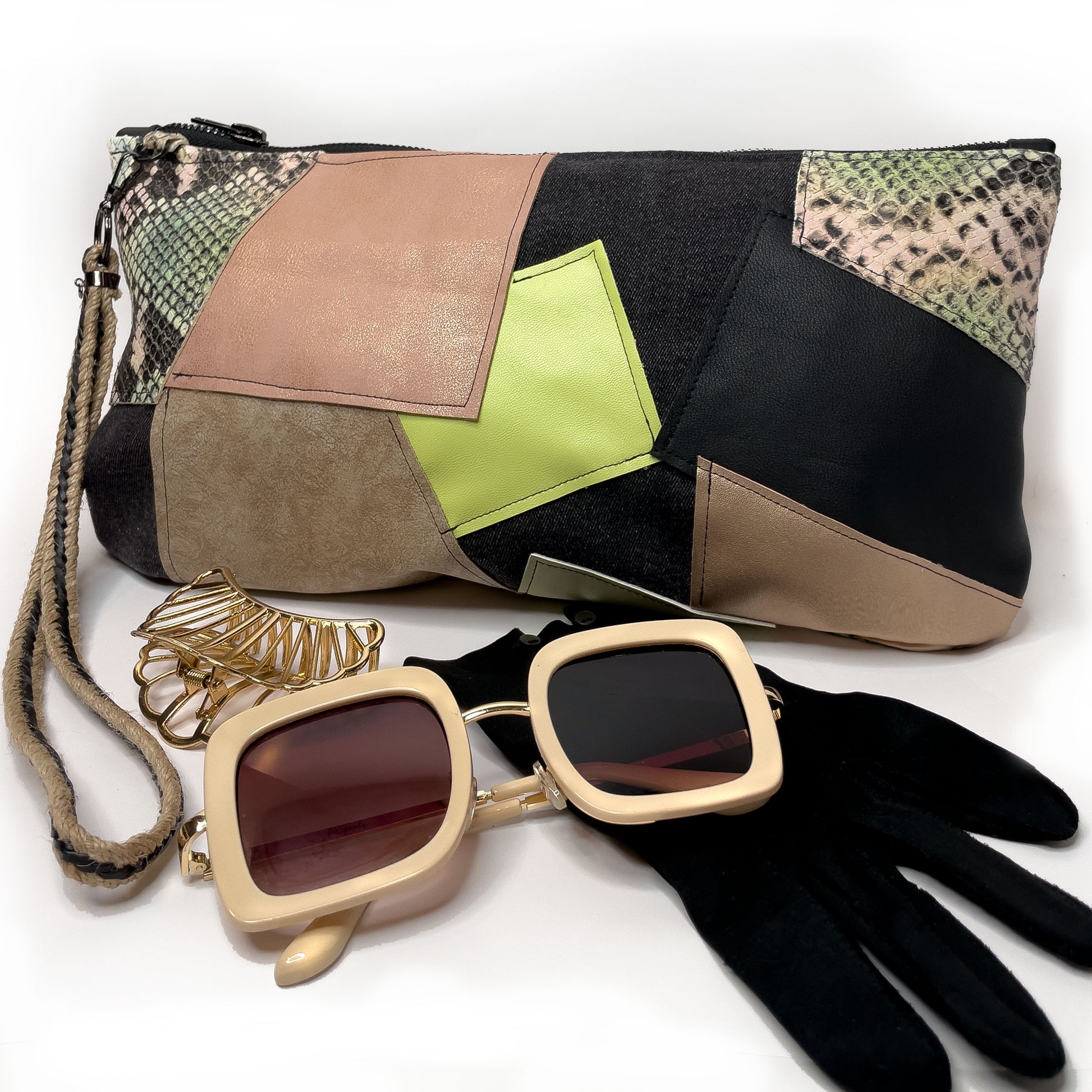 genuine leather patchwork bag from She-bang Shop, handmade ladies accessories in Brooklyn New York.