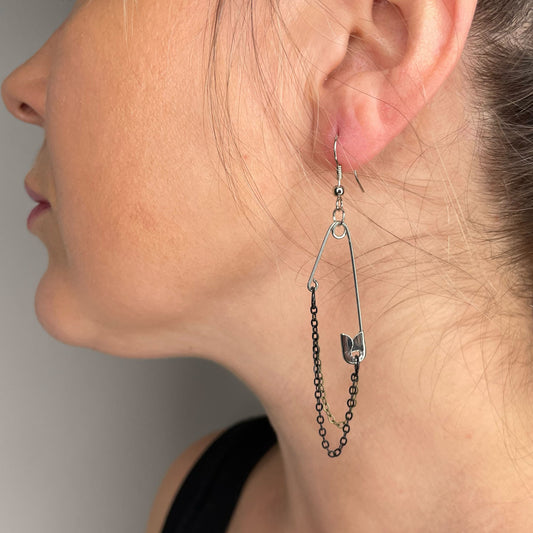 she-bang is upcycled handmade unique jewelry, Safety-pin necklace made from recycled materials and chains, completely one of a kind jewelry made by local brooklyn designers.