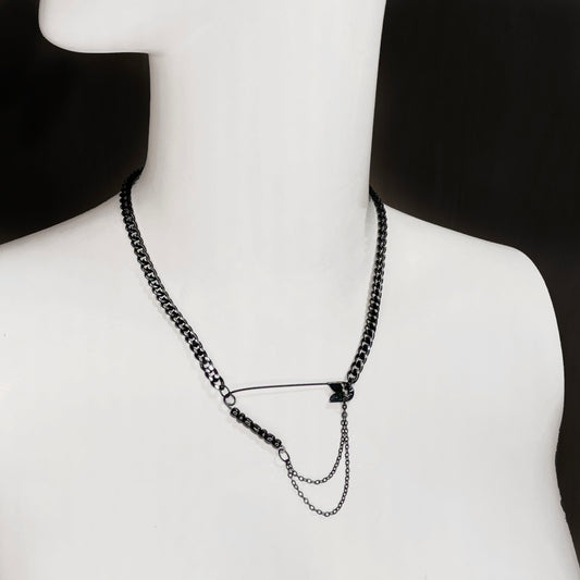 Tough Babe safety pin necklace, Handmade, Black