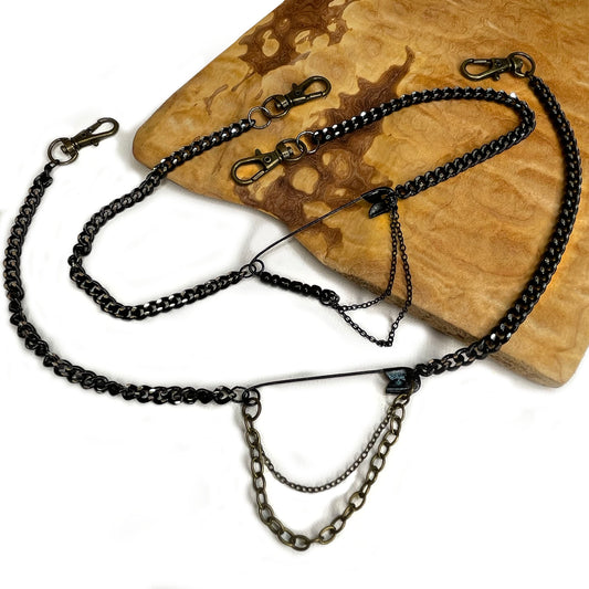 she-bang is upcycled handmade unique jewelry, Safety-pin necklace made from recycled materials and chains, completely one of a kind jewelry made by local brooklyn designers.