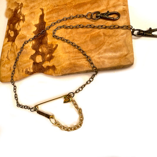 she-bang is upcycled handmade unique jewelry, Safety-pin necklace made from recycled materials and chains, completely one of a kind jewelry made by local brooklyn designers.
