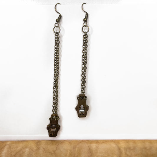 Zipper + chain  Earrings, bronze