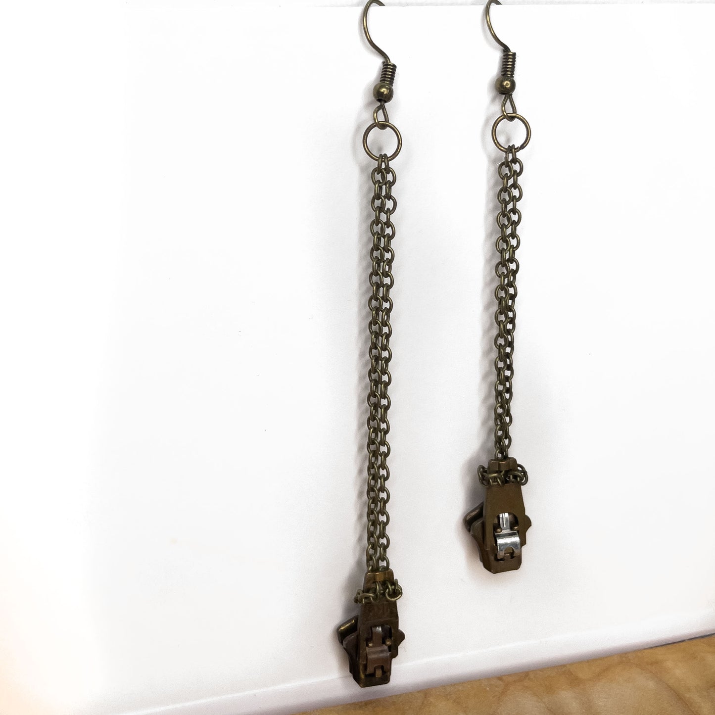 Zipper + chain Earrings, bronze
