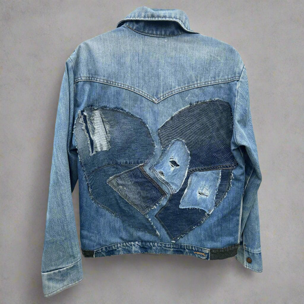 Patchwork denim jacket with upcycled blue jean pieces