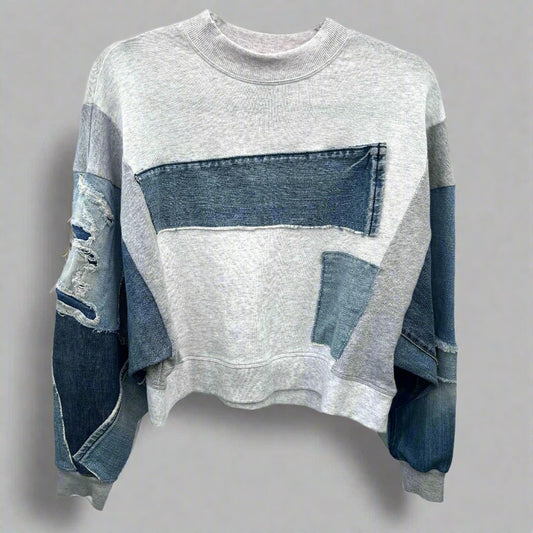 patchwork denim sleeve sweatshirt, handmade, recycled denim