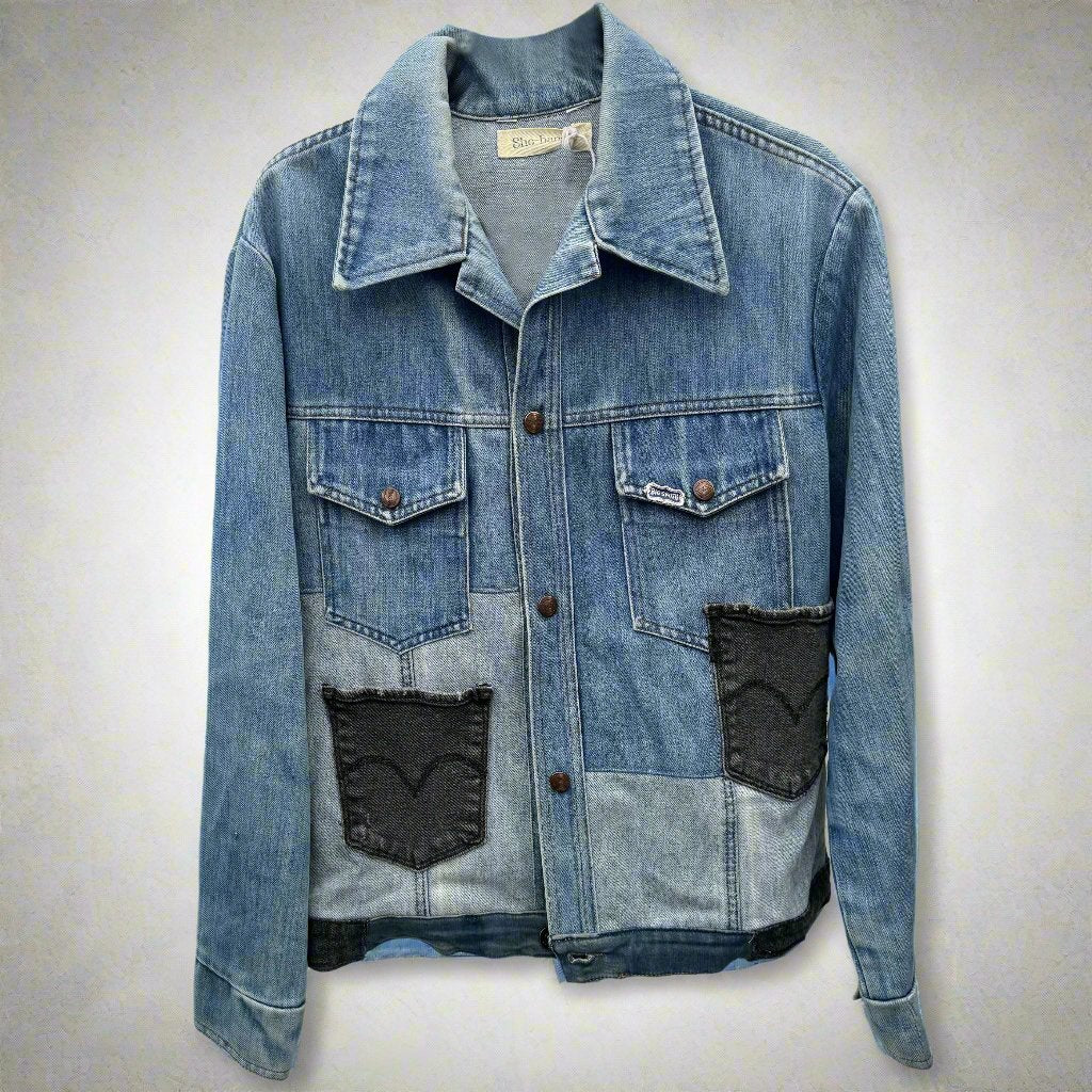 Patchwork denim jacket with upcycled blue jean pieces