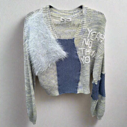 hand embroidered sweater, blues marled yarn, no thank you embroidery