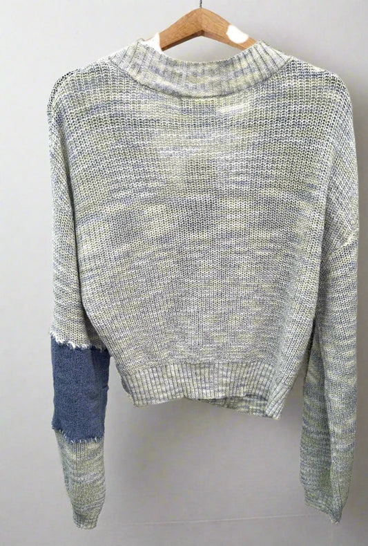 hand embroidered sweater, blues marled yarn, no thank you embroidery