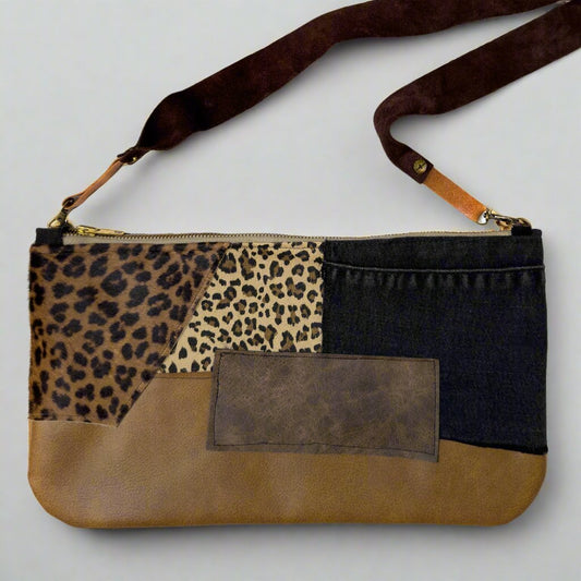 patchwork leather and denim animal print purse, clutch size with leather strap, one of a kind and handmade