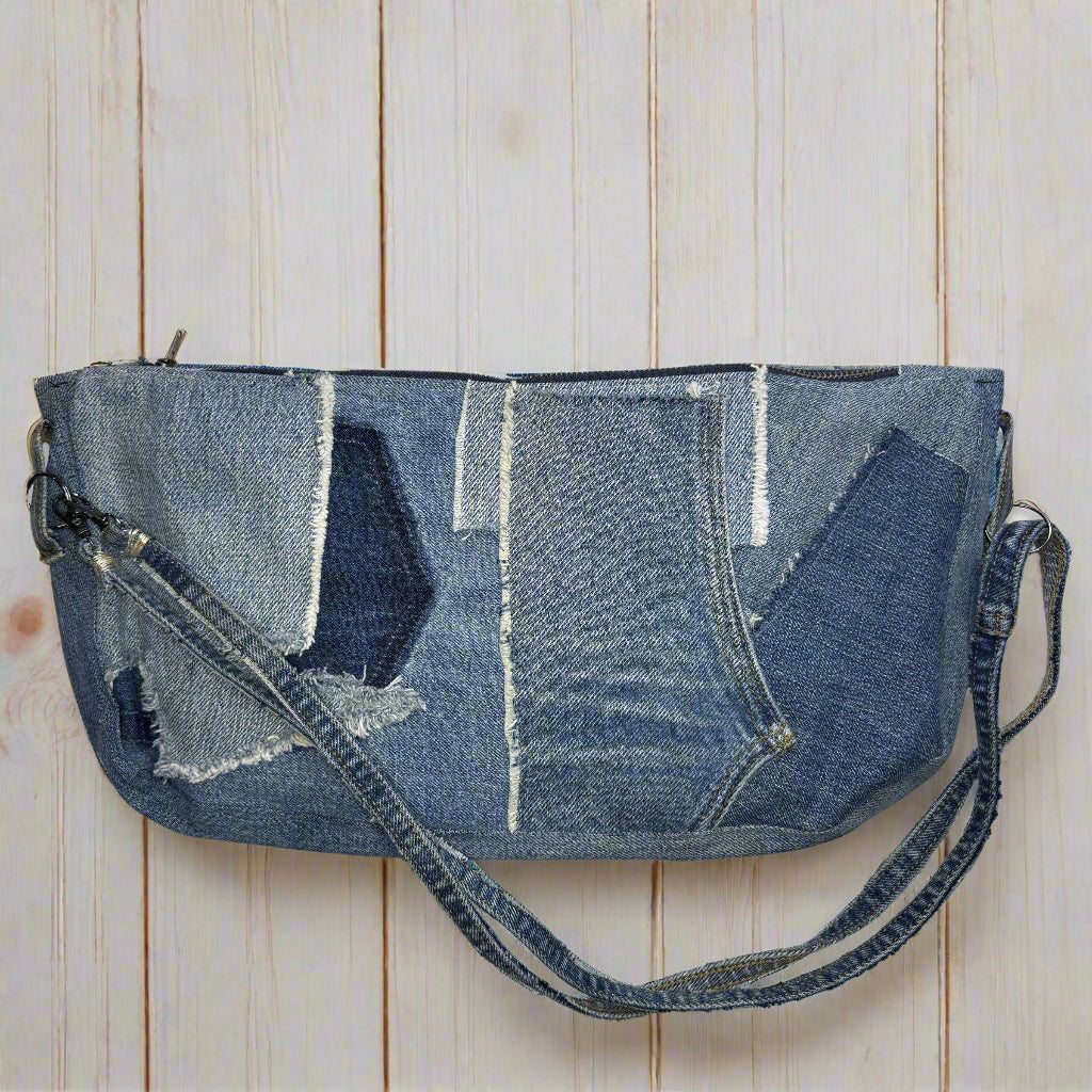 patchwork recycled denim purse with strap