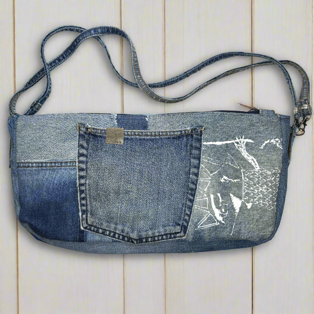 patchwork recycled denim purse with strap