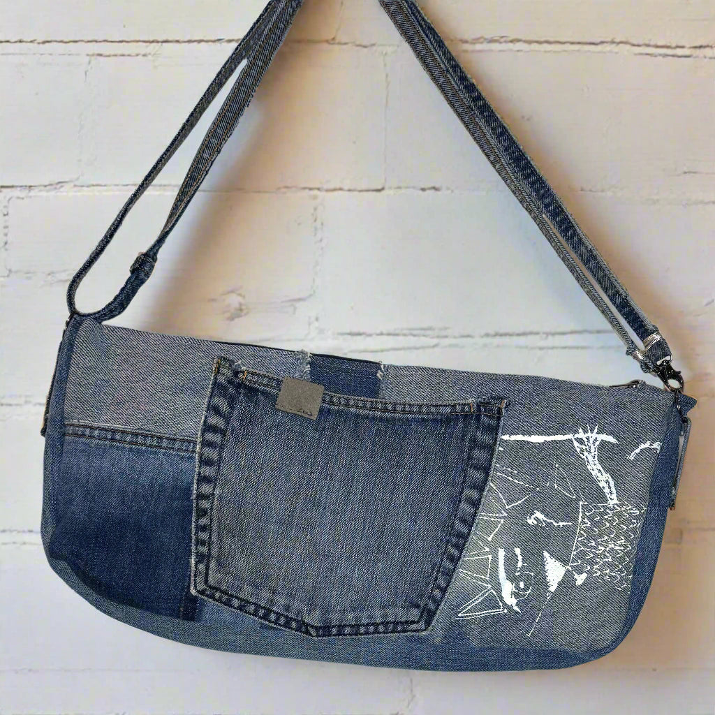 patchwork recycled denim purse with strap