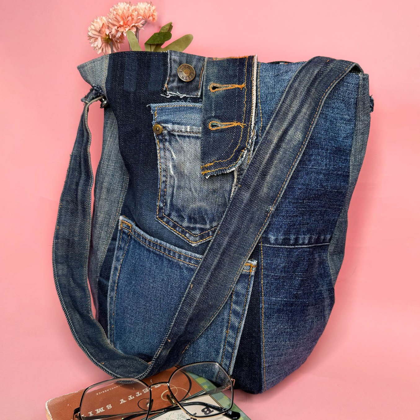 Recycled Denim Patchwork Tote Bag Indigo Wash